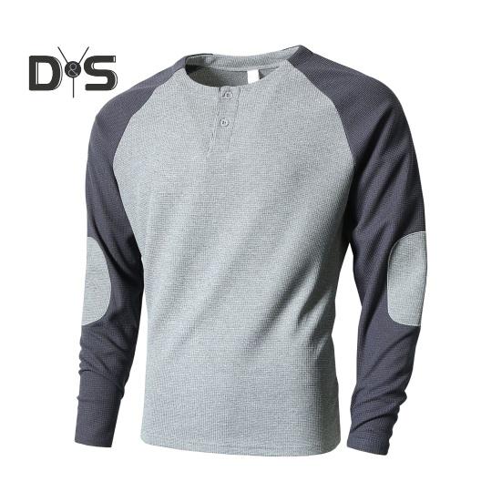 Frühlings- und Herbstoberteil für Herren, normale Passform, Farbblock-Langarm-T-Shirt, geknöpfter Rundhalsausschnitt, Patch-Dekor, lässiges Sport-Party-T-Shirt