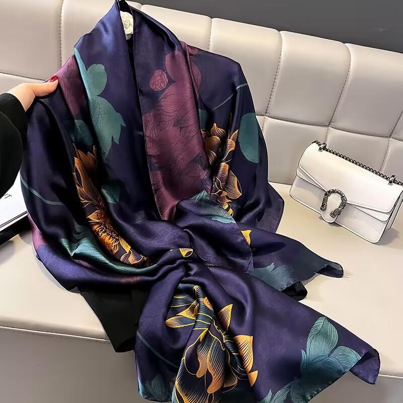 Light Green Silk Scarf Ladies Spring Fall Winter Floral Large Size Long Scarves Wraps Summer Beach Shawl Cover-ups