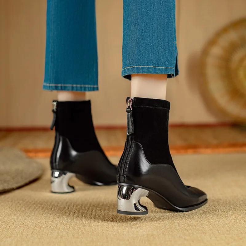 New 5.5cm Irregular Curved Heel Sheep Suede Short Boots  Autumn/Winter Fashion Short Plush  Warm Black Brown Ankle Boots Size 40