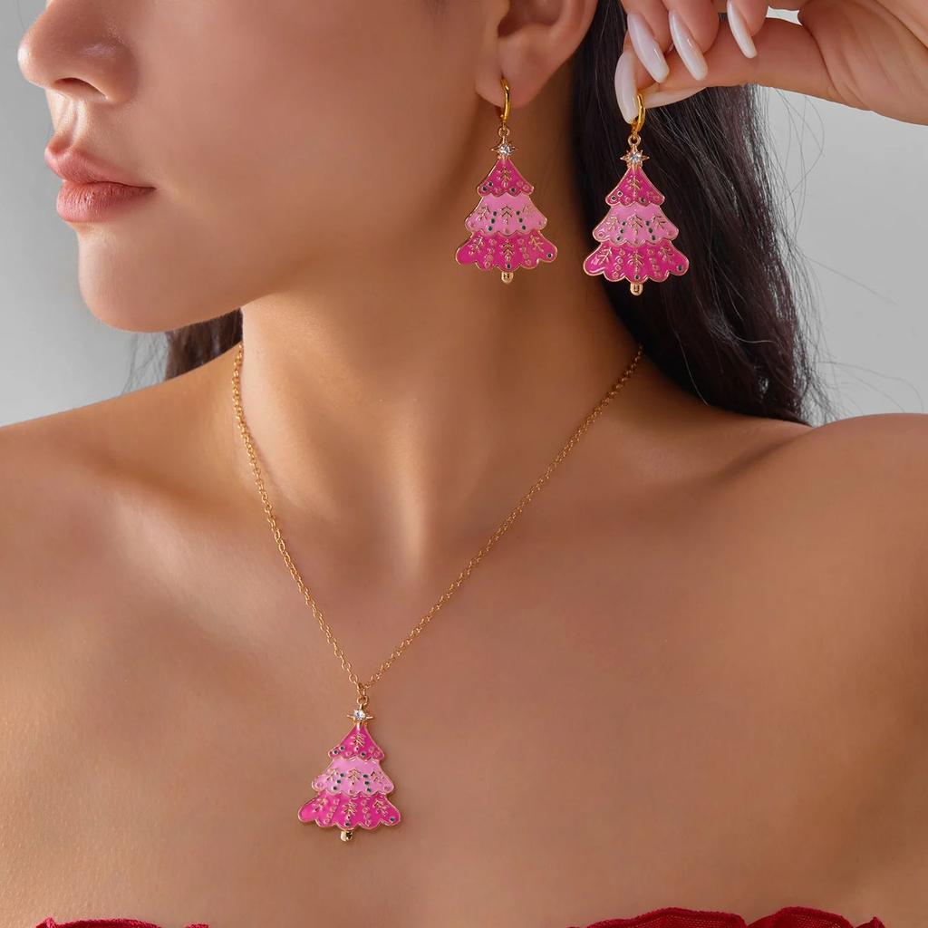 Design Sense Rosa Weihnachtsbaum Hängeohrringe für Damen Niedliche Hohl-Schneemann-Ohrringe Halskette Weihnachten Neujahr Party Geschenke