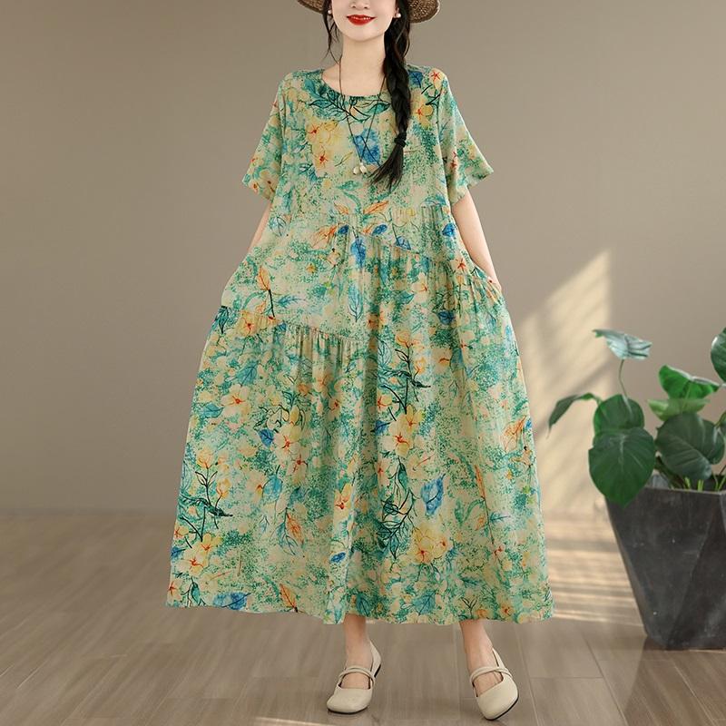 Kurzarm Plus Size Baumwolle Vintage Blumenmuster Neu in Kleidern für Damen lässig locker langes Sommerkleid