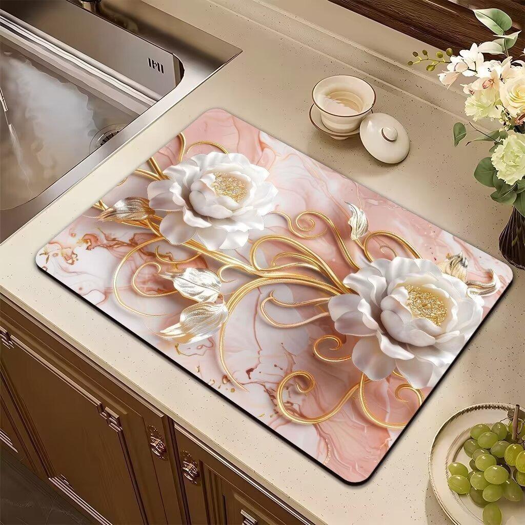 Saugfähige Matte Rosa Pflanze Blume Rose Abtropfmatte Küchengeschirr Trocknen Geschirr Rutschfester Teppich Geschirr