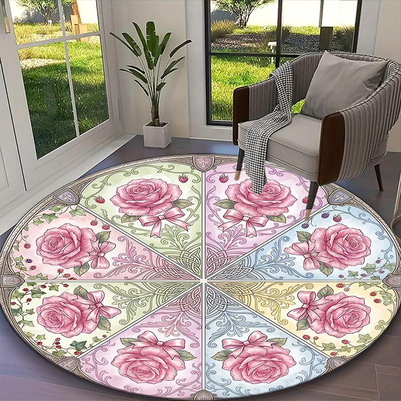 [Blue Balance Rose White Floral Views Printed Carpet] Non-slip Office Rug, Cozy Round Carprt for Living Room Use, Soft Home Sofa Chair Mat