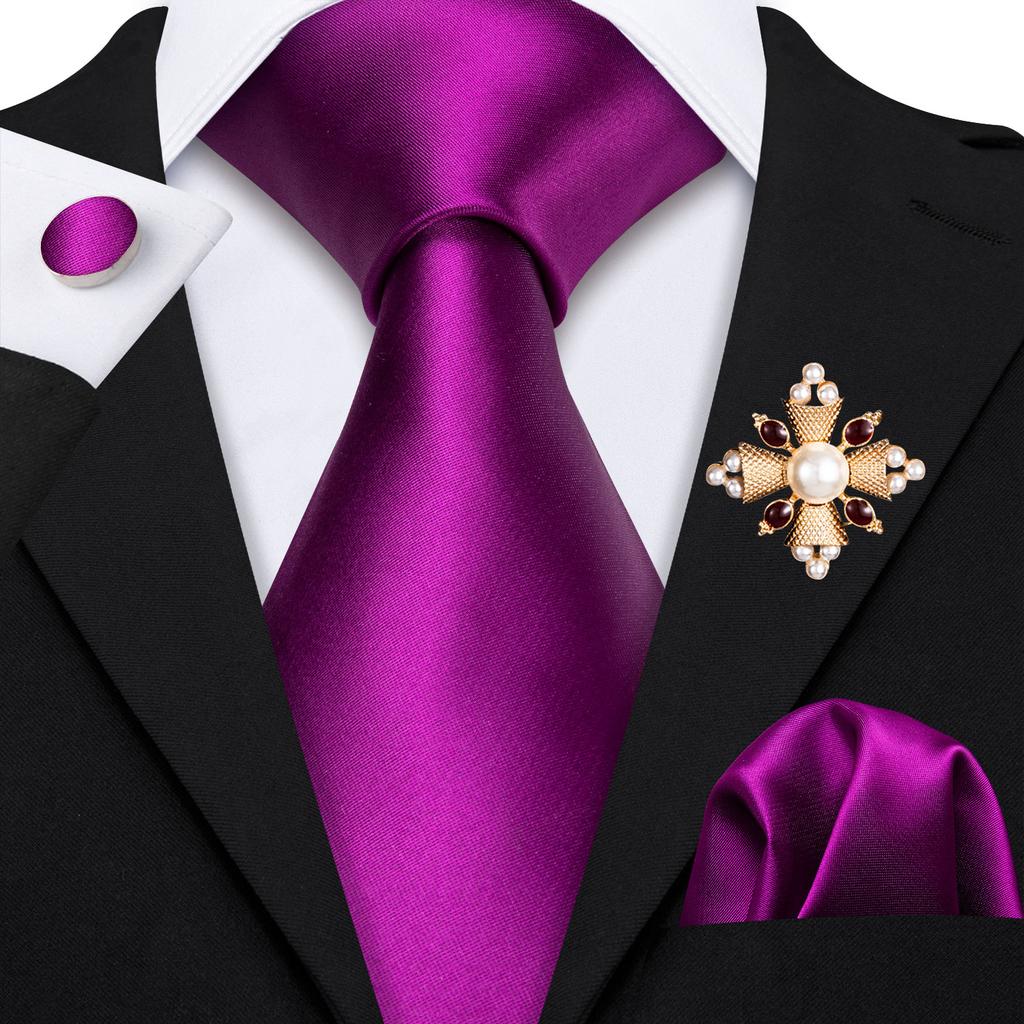 Pearl Brooch with Silk Tie for Men Vintage Floral Teal Necktie Hanky Cufflinks Gift Formal Set