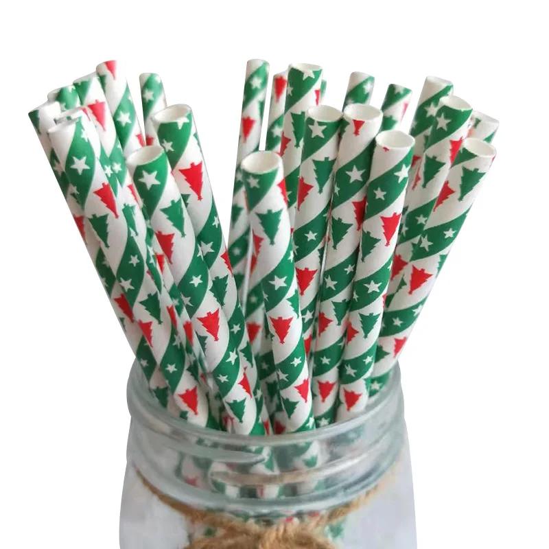 25-100Pcs Christmas Kraft Paper Straw Colorful Print Disposable Paper Drinking Straws Xmas New Year Party Home Decor Supplies