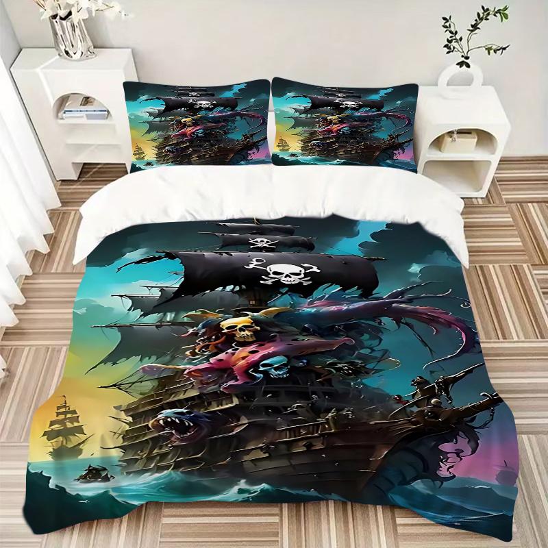 3pcs Pirate Ship Bedding Set - Includes One Quilt Cover and Two Pillowcases (No Core) - Home Decor, Festival Gift, Polyester Fabric, Anime Cartoon Des