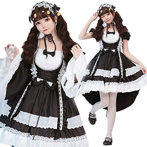 SUNNYSTEP Dienstmädchen Cosplay Kleid mit langen Ärmeln, Größen M-6L, Gothic Lolita Kleid, Kostüm, Gothic Lolita Stil, Rüschen (M, Schwarz)