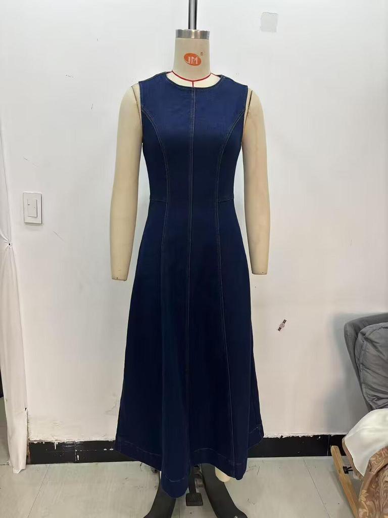 Women's 2025 Spring Sleeveless Denim Midi Dress - Versatile Retro French Style