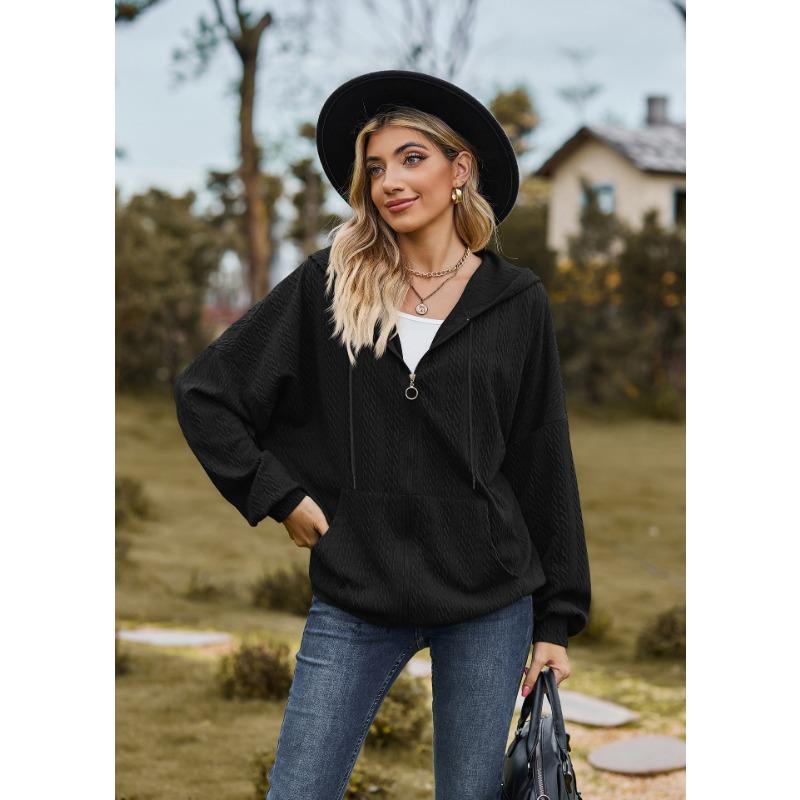 Solid Color Pocket Long Sleeve Loose Hooded Zip Up Cardigan Sweatshirt For Women