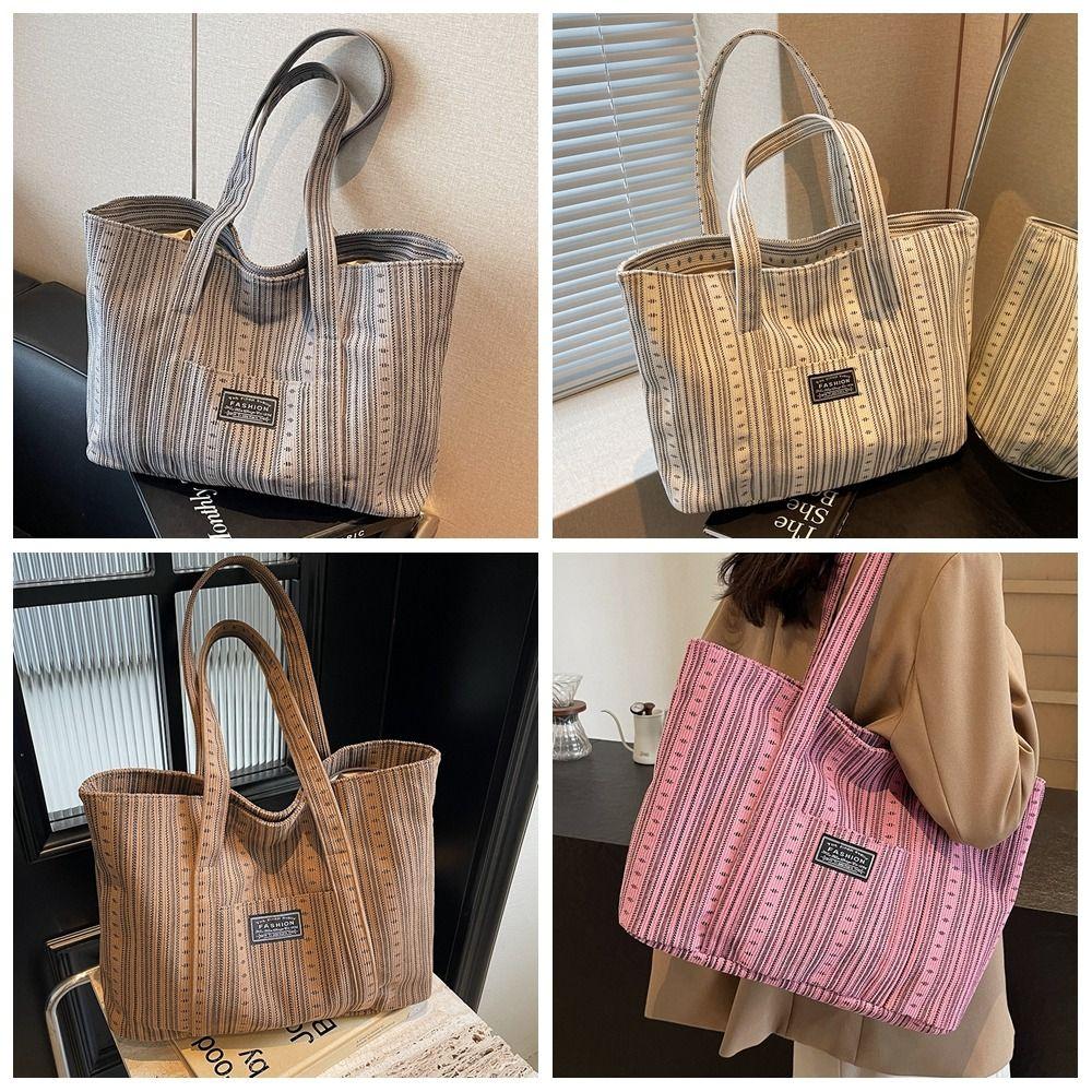 Portable Commuting Shoulder Bag Large Capacity Mommy Bag Fashionable Stripe Handbag  Lady
