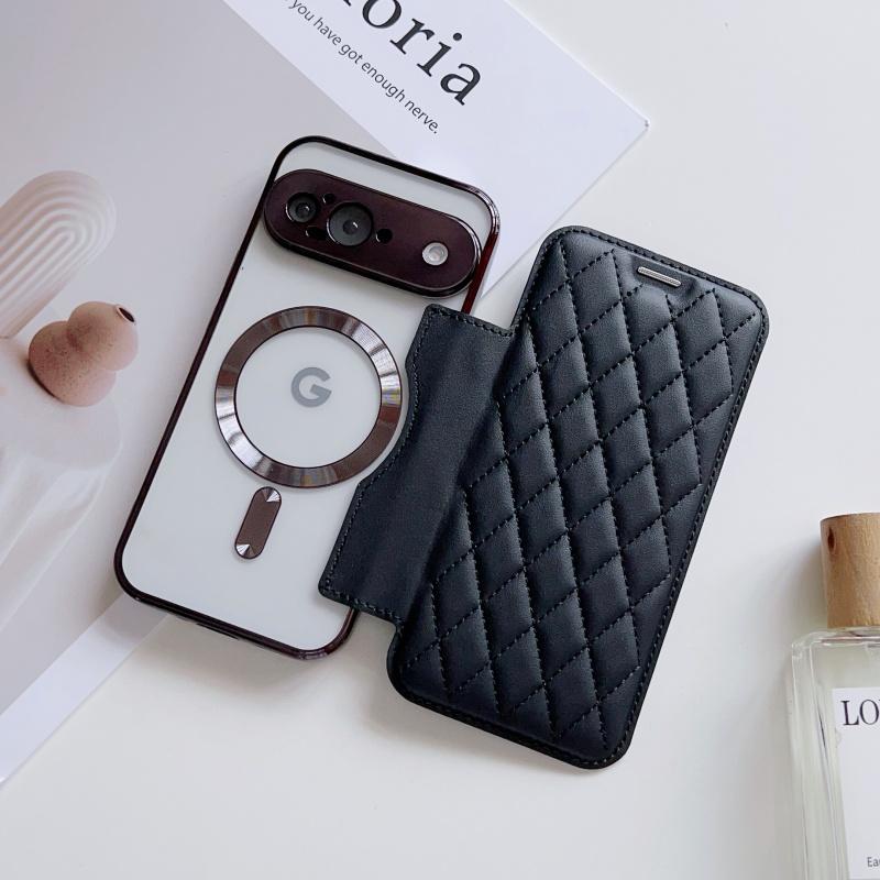 

Case For Google Pixel 7A 8A 9 9A 10 Pro XL Magnetic Embossed Grid Pattern Leather Full Protective Plating Cover TPU and Leather&Google Pixel 10 Pro XL