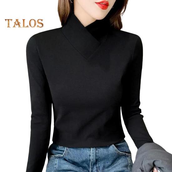 Damen-Oberteile, halbhoher Kragen, lange Ärmel, schmale Passform, weiche, dehnbare Pullover-Oberteile, einfarbiges Hemd mit einzigartigem Ausschnitt