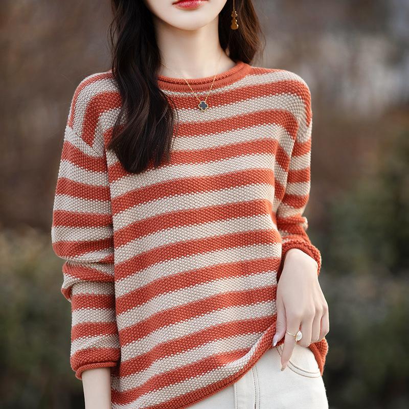 Women Autumn Winter O-Neck Pullover Long Sleeve Sweater Stripes Colorful Loose Knitwear Bottoming Clothing