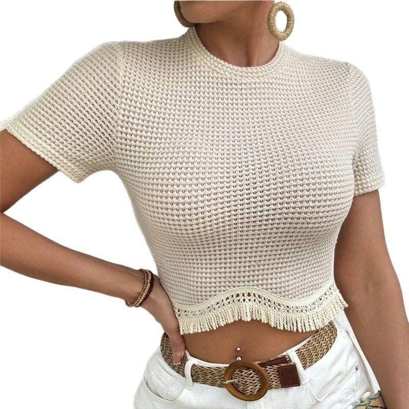 Round Neck Tassel Bottom Short T-shirt Spring/Summer New Women Slim Fit Crop Top Ladies Fashion Elegant Casual Solid Color Shirt Office Sweet Clothing