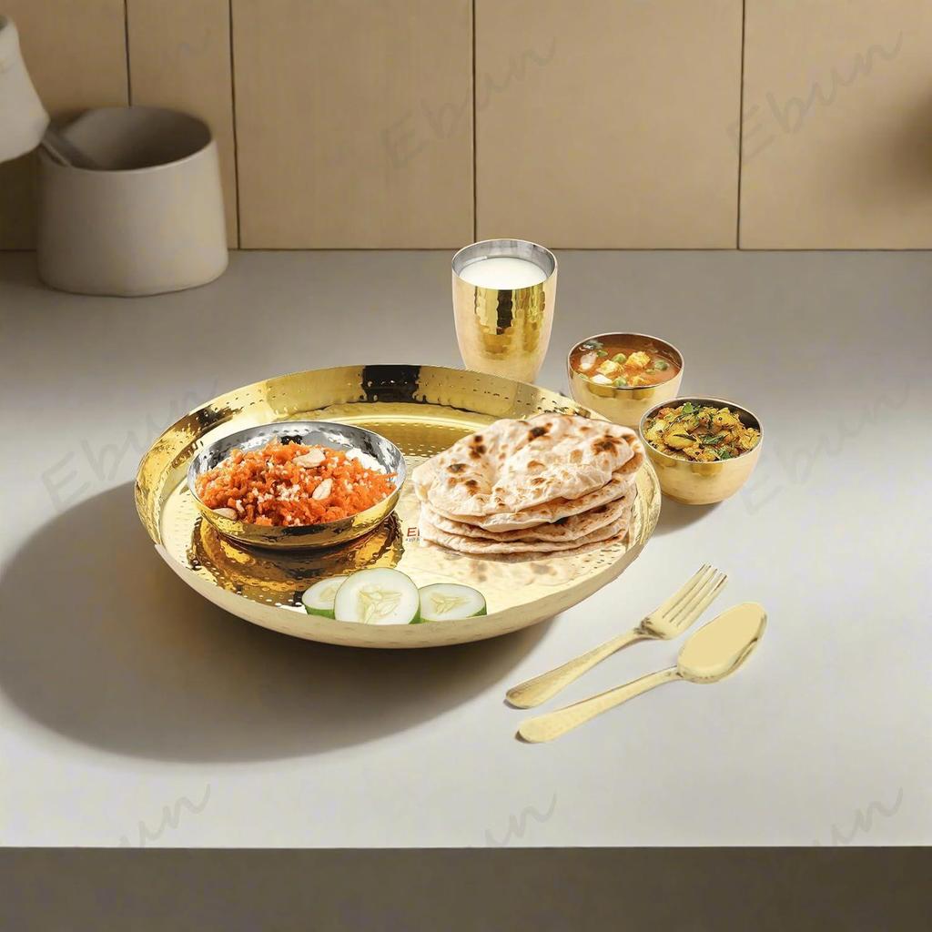 Heavy Gauge Stainless Steel Dinner Set | Gold PVD Plated Steel Thali Set | Stainless Steel Dinner Set for Kitchen | Pack of 1