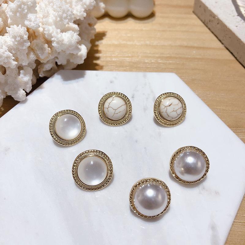 New Vintage Round Marble Opal Stone Big Stud Earrings Women Fashion Temperament Ear Stud Circle Pearls Stone Jewelry