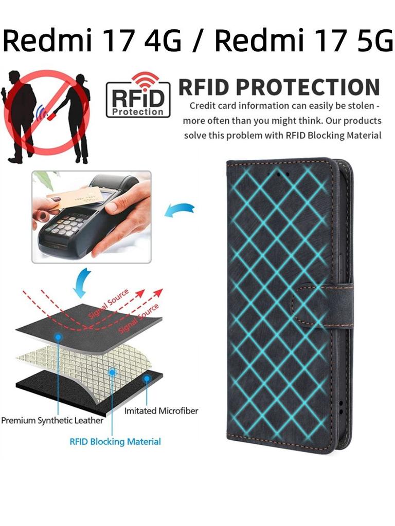 For Redmi 17 4G / Redmi 17 5G Flip Case RFID tection Dual-Layer Card Slot Soft Silicone External Leather Stand Holder Flip Cover