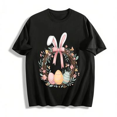 Easter Bunny Ear Wreath Egg Print Casual Top Pure Cotton T-shirt