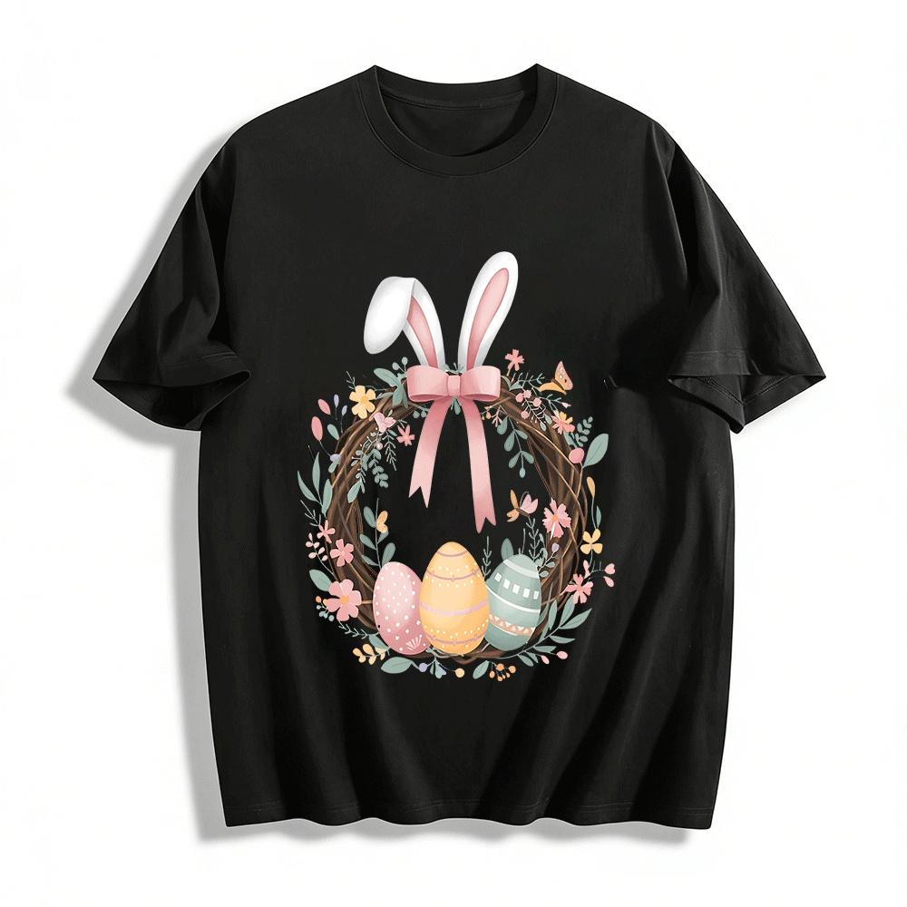 

Easter Bunny Ear Wreath Egg Print Casual Top Pure cotton T-shirt XXS
