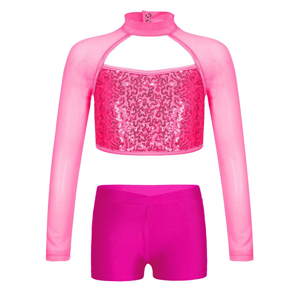 Girls Shiny Sequins Crop Top Sheer Mesh Mock Neck Long Sleeve Cutout V Waistband Shorts Dance Outfit