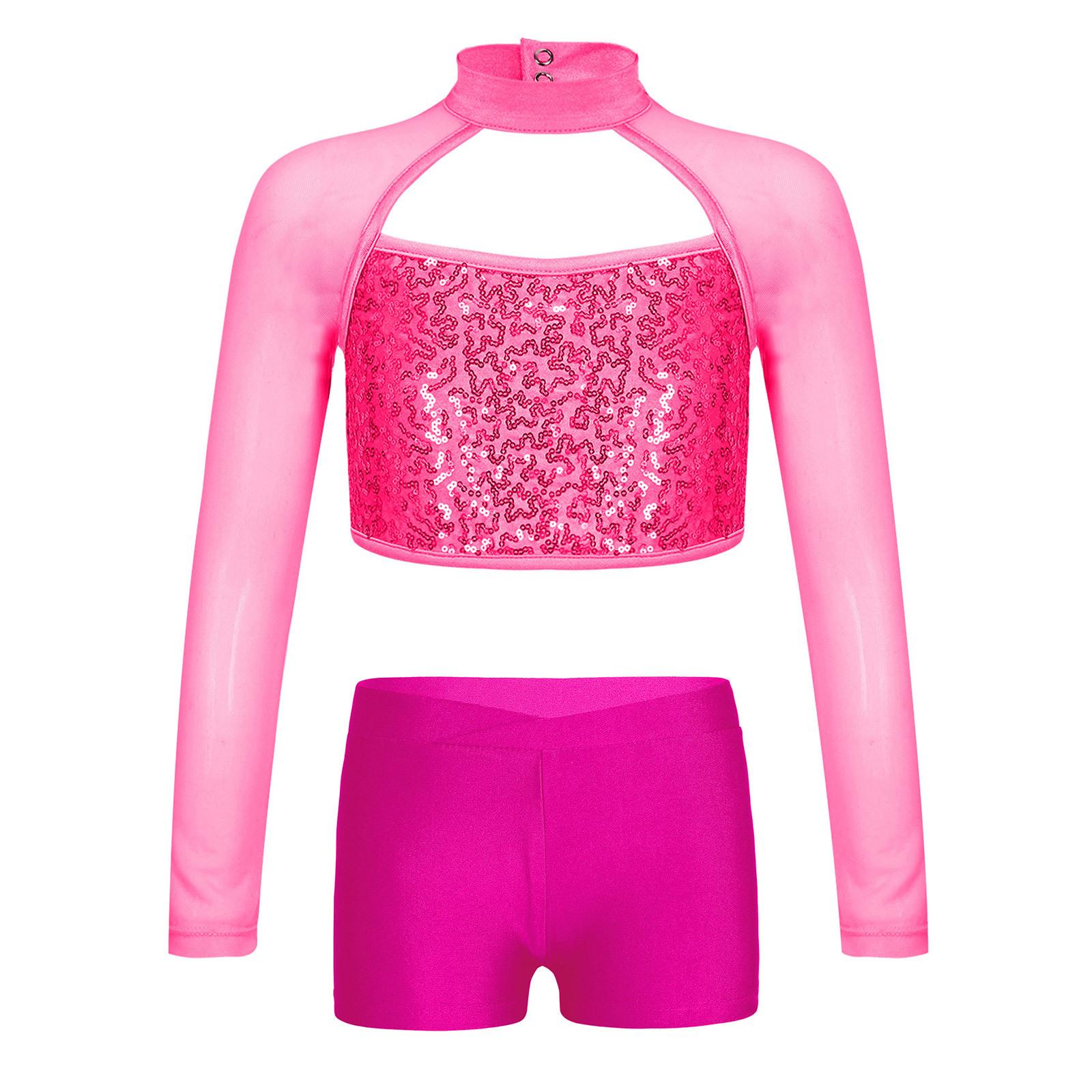 

Girls Shiny Sequins Crop Top Sheer Mesh Mock Neck Long Sleeve Cutout V Waistband Shorts Dance Outfit 5-6 Years гарячі рожевого кольору