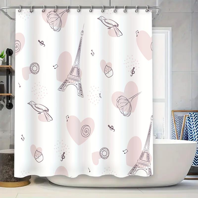 

Eiffel Tower Shower Curtain: Romantic French Decor With Musical Notes Hearts Pink Bath Liner For Bathroom Universal Fit (White, W60H190(CM)-1 Pcs