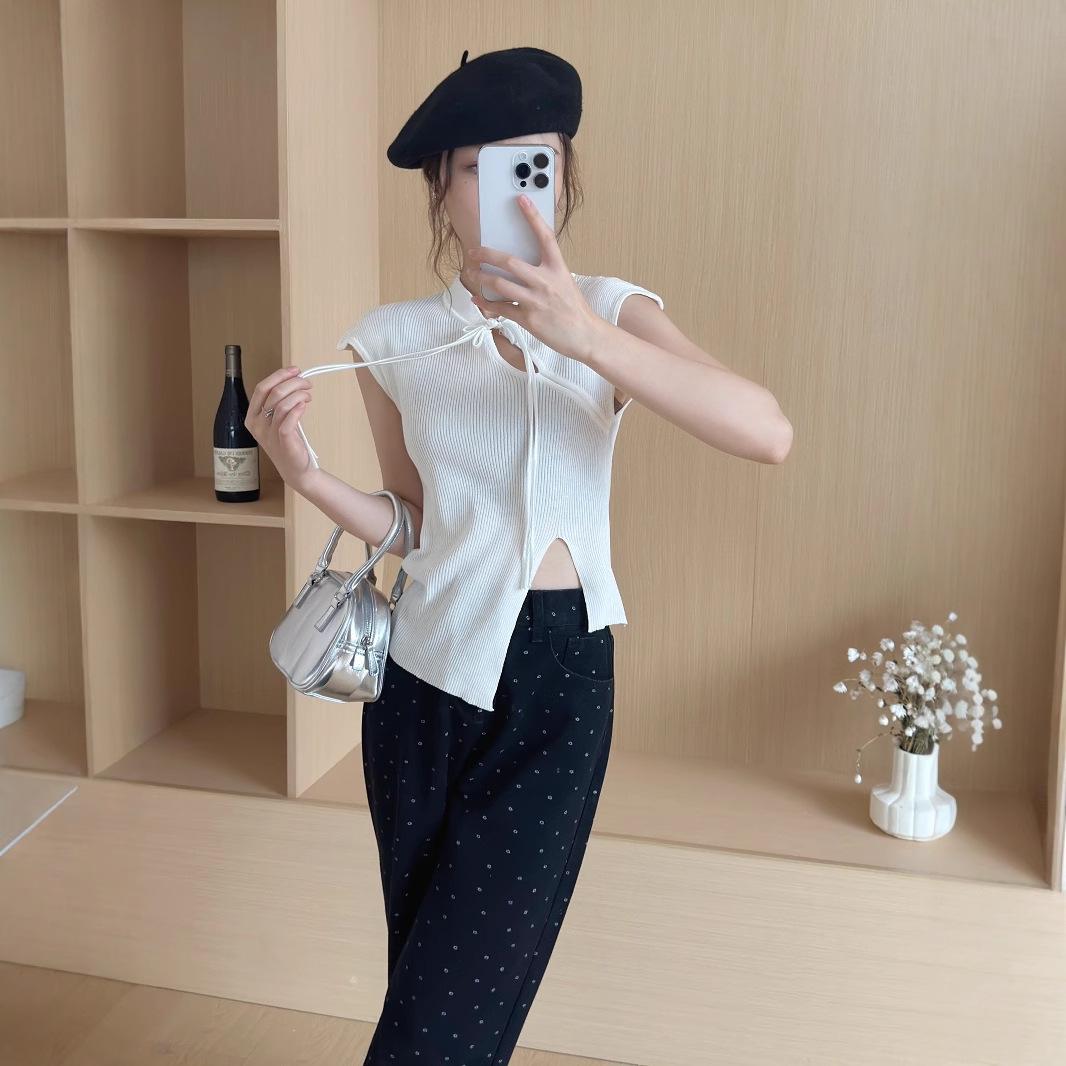 

Вязаный топ из ледяного шелка с ажурной застежкой-пуговицей в виде лягушки для женщин One Size (up to 125 catty) белый