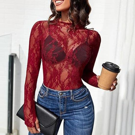 Topuri de damă, guler simulat, cu mânecă lungă, bluze slim fit, sexy, transparente, florale