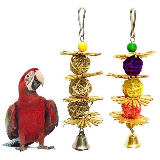 Pet Bird Parrot Rattan Ball Bell Swing Hanging Climbing Cage Decor Bite Chew Toy