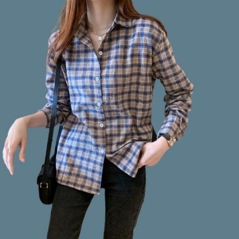 WTEMPO New Casual Plaid Shirt Women's Long-sleeved Korean Version Loose Large Vintage Versatile Top