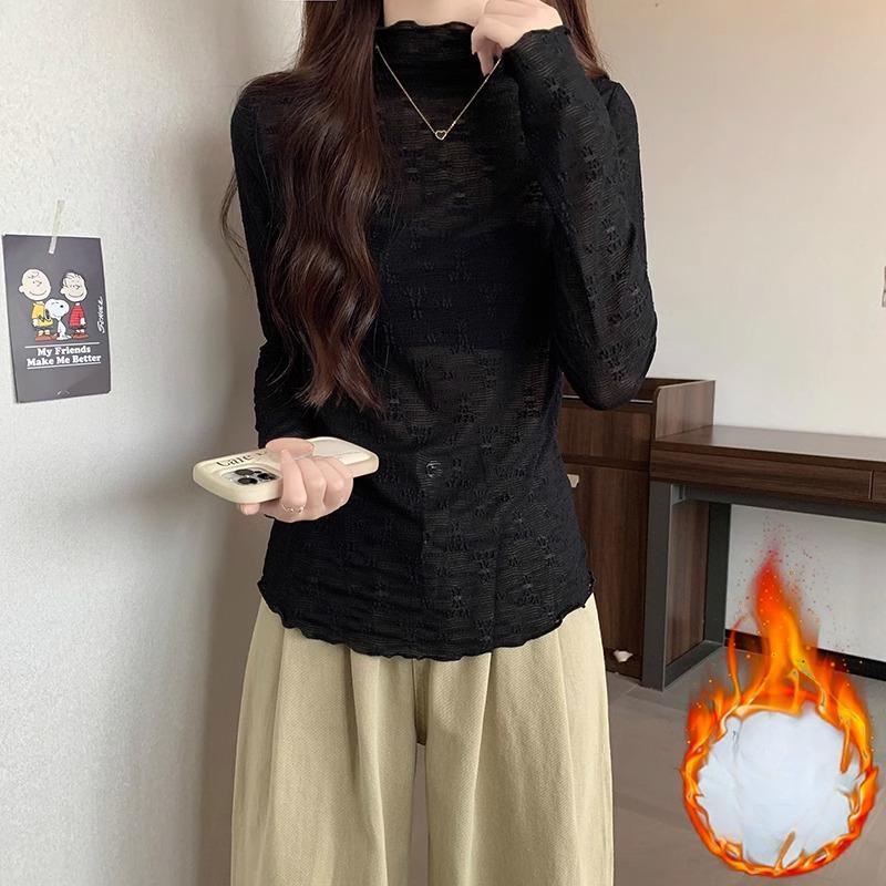Half turtleneck, slim long-sleeved bottoming shirt, T-shirt for women, autumn and winter lace fungus edge, velvet and thickened layered inner top