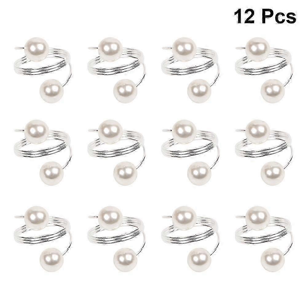 12pcs White Pearl Napkin Rings Silver Napkin Holders Serviette Buckles For Wedding Banquet Dinner Party