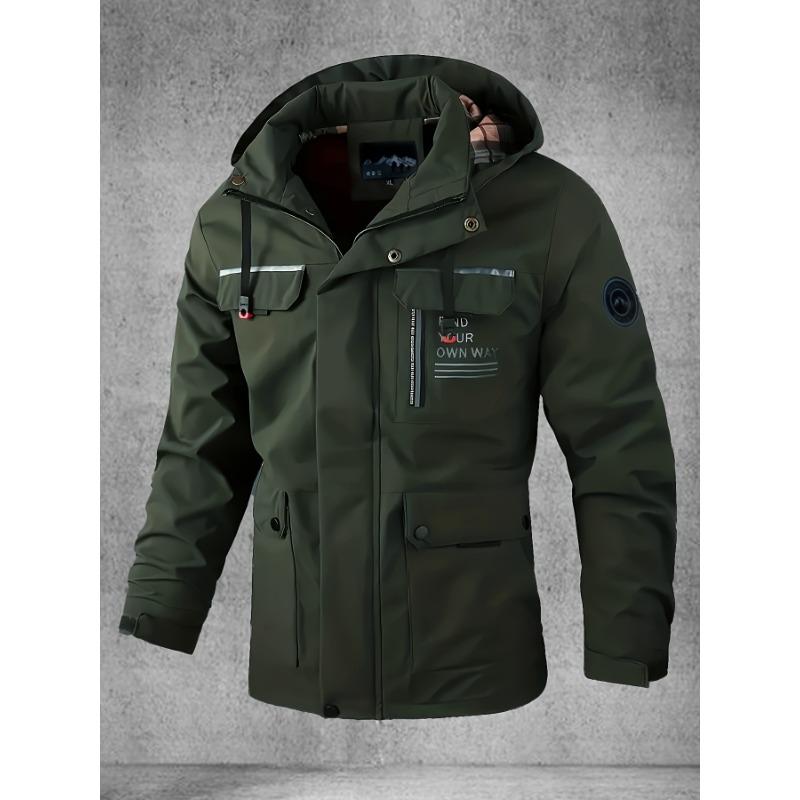 Men's Softshell Jacket, Spring and Autumn Multi-Pocket Hooded Jacket, Waterproof and Windproof Outdoor Jacket for Hiking and Camping