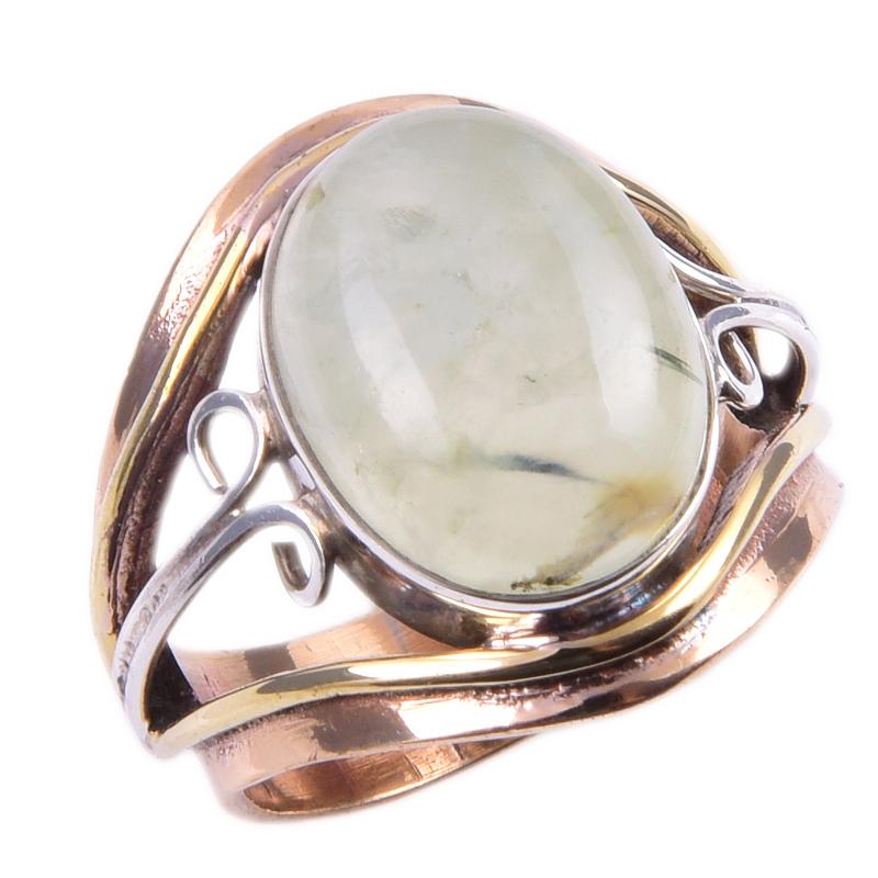 Natural Prehnite Gemstone Handmade 925 Sterling Silver Two Tone Ring S.6.5 o6B84