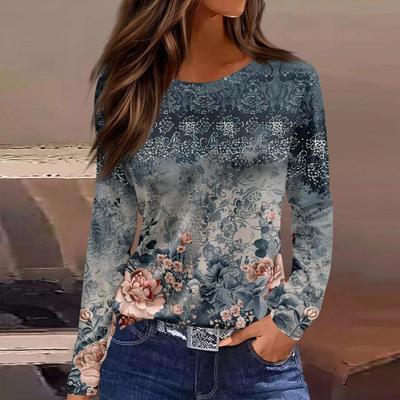 Dámské módní ležérní tričko s rozparkem, kulatým výstřihem a dlouhým rukávem, volné s potiskem, dámská top trička