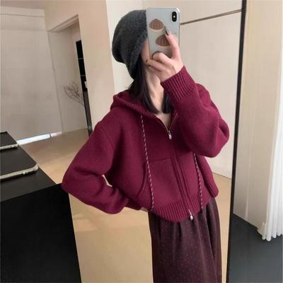 Nieuwe korte casual zakontwerp dubbele rits lange mouw trekkoord capuchon gebreide vest top dames
