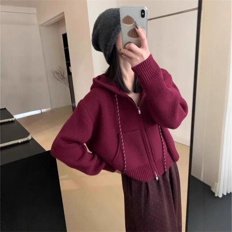 New Short Casual Pocket Design Double Zipper Long Sleeve Drawstring Hooded Knitted Cardigan Top Women