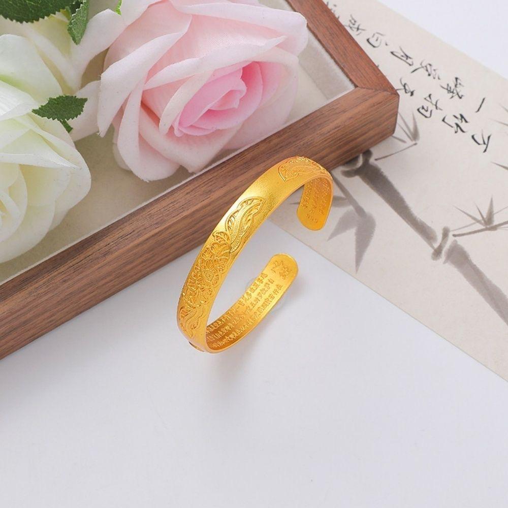 Gold-Plated Peony Heart Sutra Wide Band Open Bangle for Women