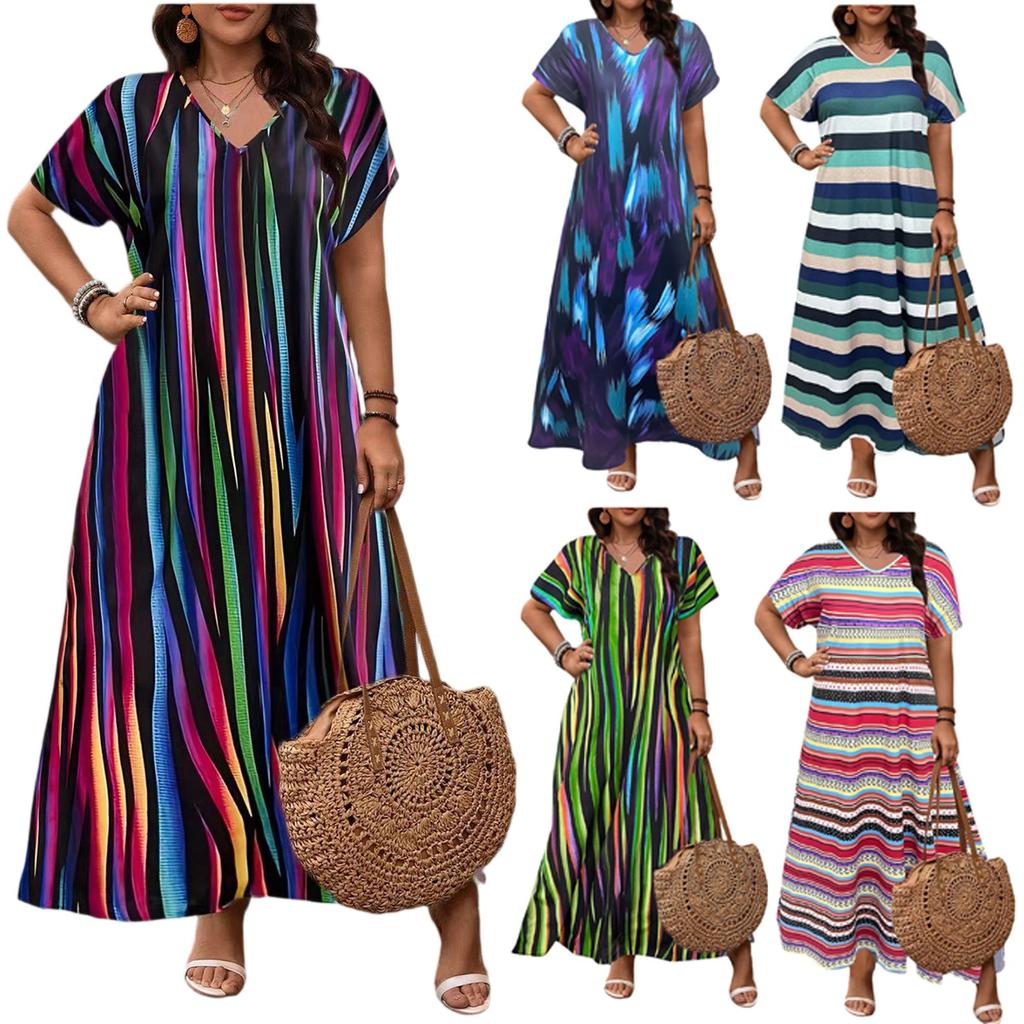 Women's Fashionable And Trendy Temperament Printed Hem Slit Dress In Large Size