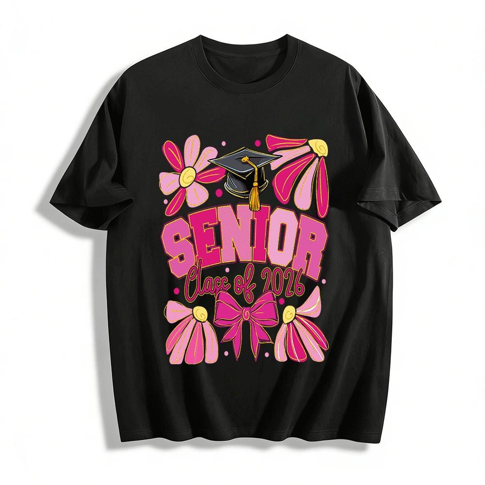 Class of 2026 Senior Graduation Top Retro Bow Flower Print Tee Pure cotton T-shirt XXS