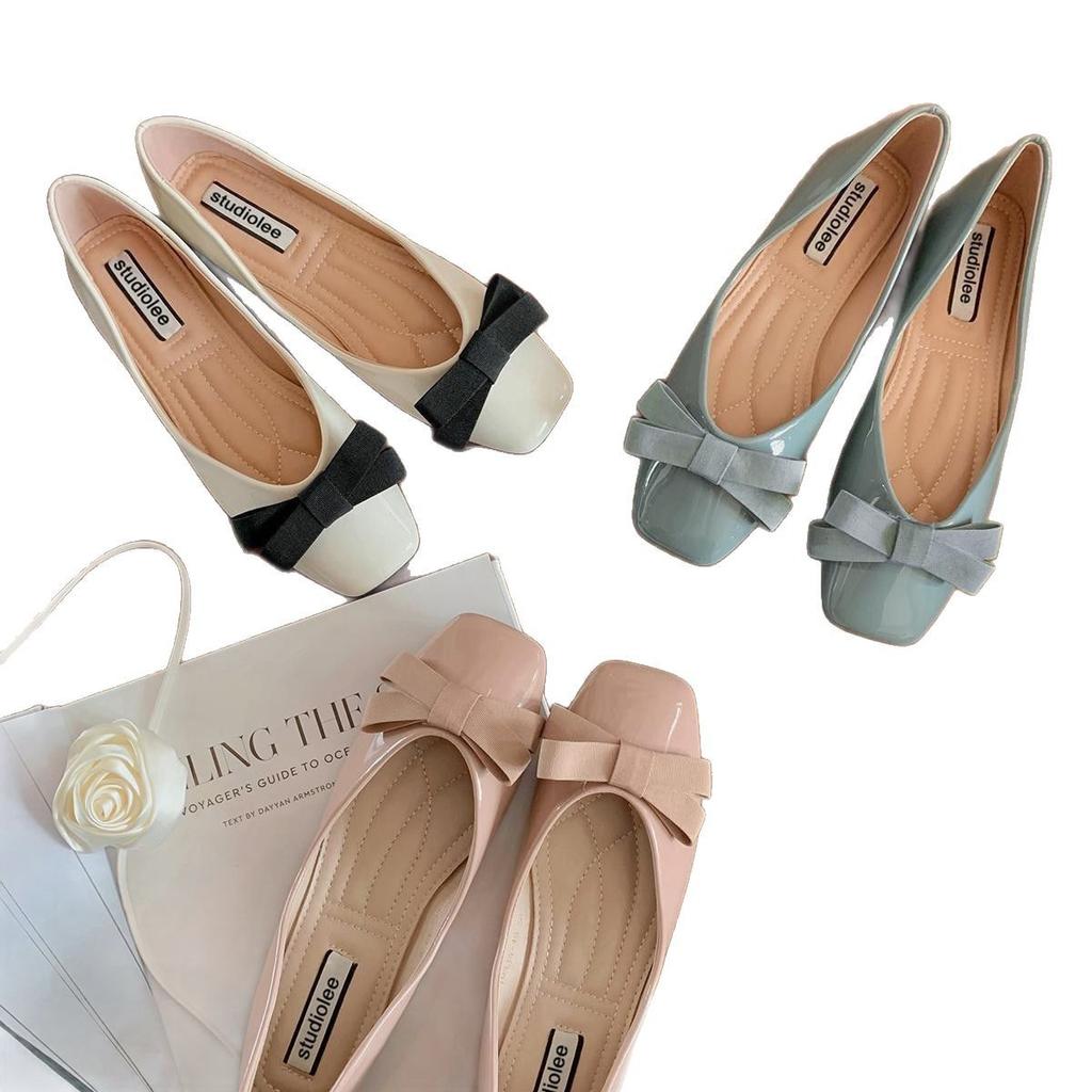 Sheepskin version~ Grape mother has the same temperament square head bow commuting versatile light mouth single shoes women's flat ballet shoes