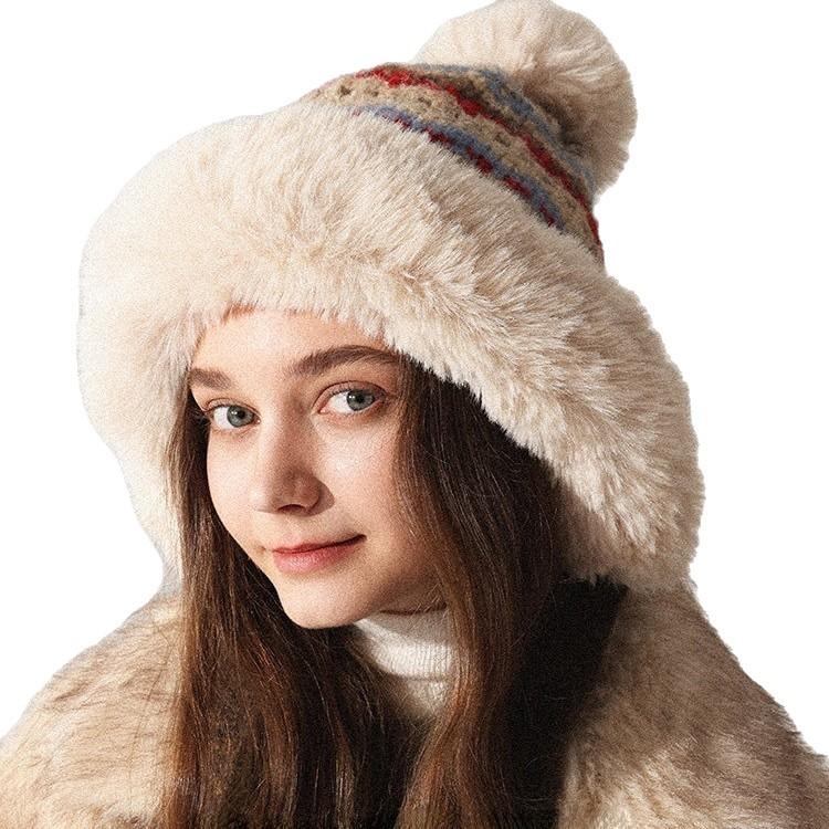 Winter fluffy plush ear protectors big head circumference knitted wool hat women