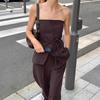 Womens 2-Piece Set: Sleeveless Crop Top Wide Leg Pants Solid Color 2025
