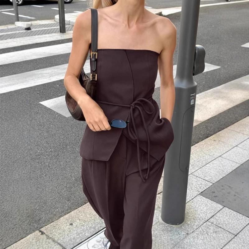 Womens 2-Piece Set: Sleeveless Crop Top Wide Leg Pants Solid Color 2025