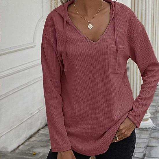 Independent Station New Women's V-Neck Long Sleeve Hoodie Waffle Sweater Women's