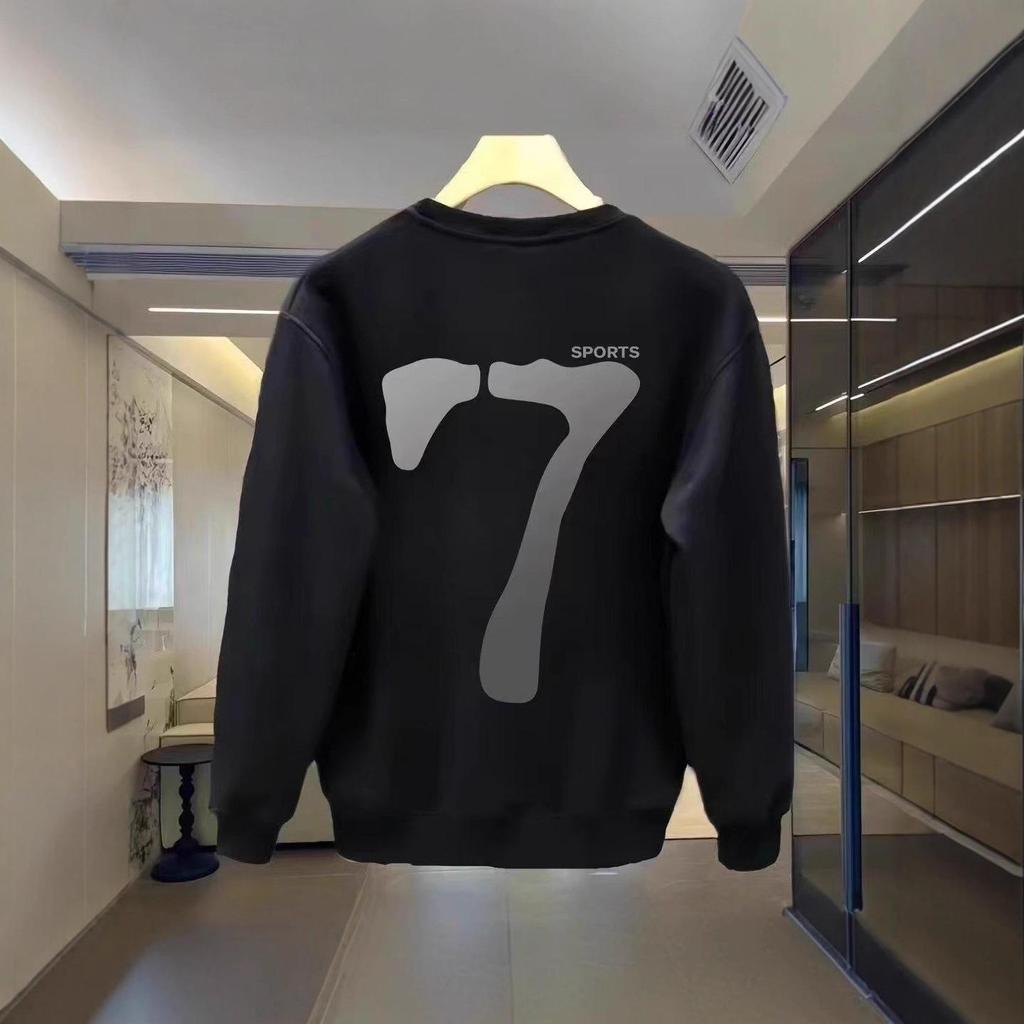 Herren Schweres Baumwoll-Sweatshirt - Koreanischer Stil, Langärmlig, Rundhalsausschnitt, Persönlichkeitszahl 7, Perfekt für Herbst und Winter