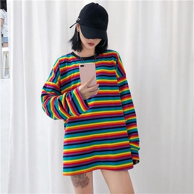Women's Good Vibes Rainbow Print Long Sleeve Dress - Loose Fit With Pockets, Round Neck Casual Top