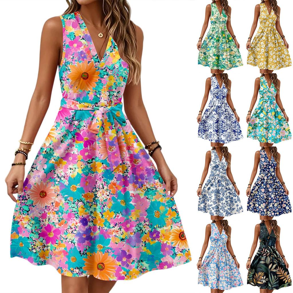 Women's Spring And Summer Casual V-Neck Sleeveless Waist Floral Print Midi Dress