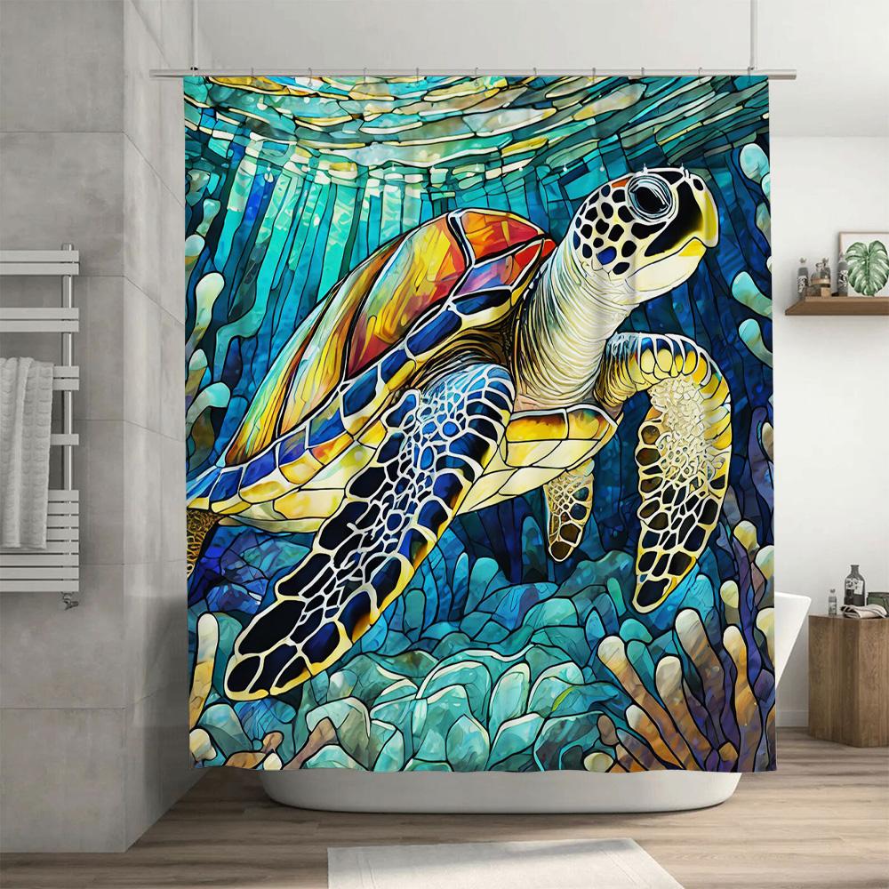 Handcrafted Tiled Turtle Shower Curtain Underwater Marine Life Artistic Decoration for Bathroom Blue Yellow White Patterned Fabr
