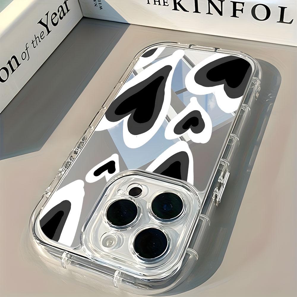 Black And White Heart Pattern Phone Case For iPhone 17 Air 16 15 14 13 12 11 Pro Max X XR XS 8 Plus Back Mirror Shockproof Cover